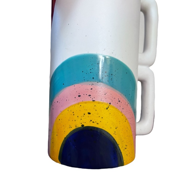 Double Handle Tall Colorful Rainbow Mug Vase Pottery Artsy Fun Unique Quirky 8” - Picture 3 of 8